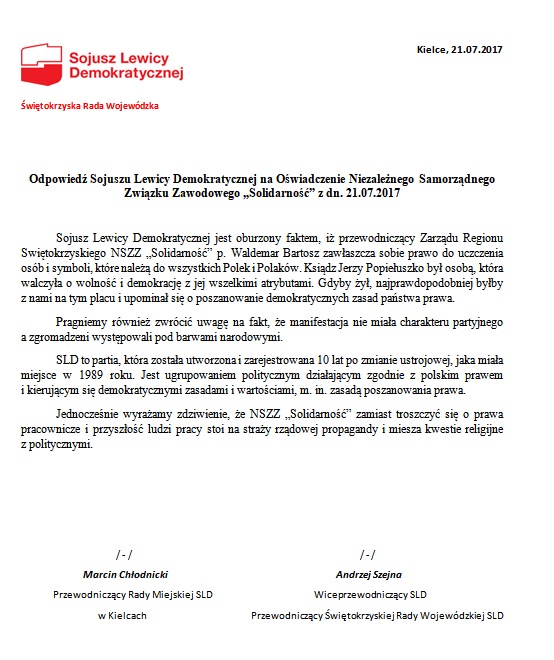 Kielce: SLD odpowiada NSZZ "Solidarność"
