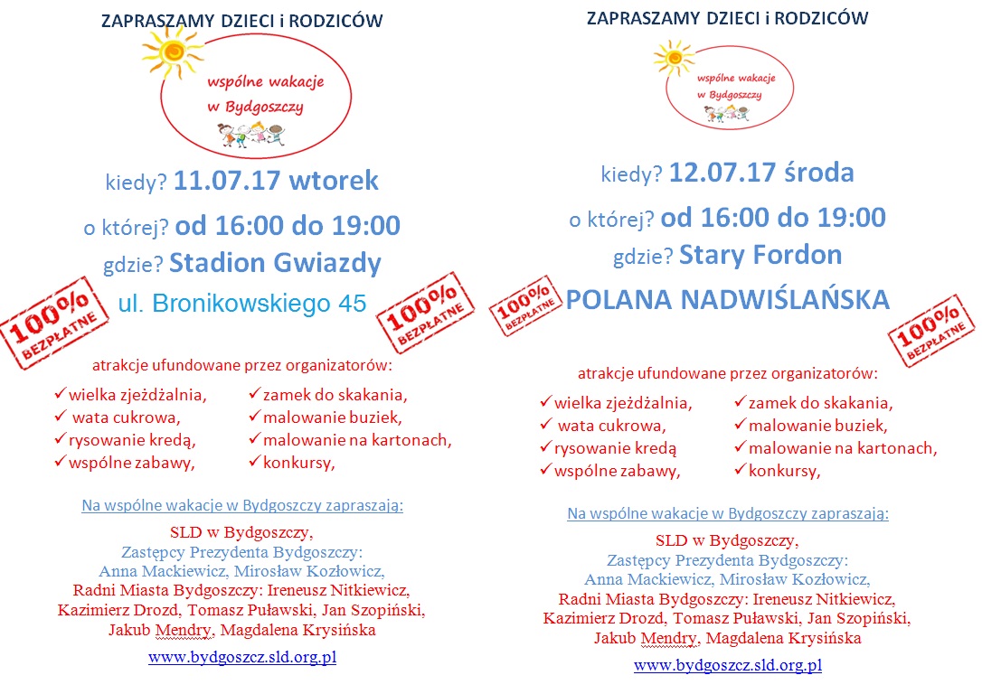 SLD Bydgoszcz zaprasza na festyny rodzinne – Wspólne wakacje 